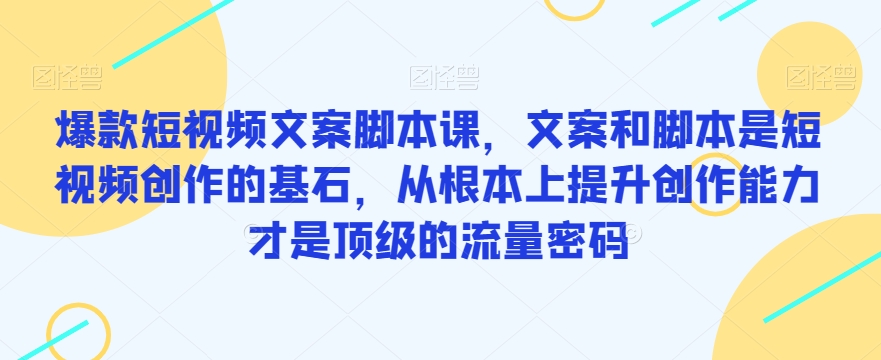爆款短视频文案脚本课，文案和脚本是短视频创作的基石，从根本上提升创作能力才是顶级的流量密码网创吧-网创项目资源站-副业项目-创业项目-搞钱项目网创吧
