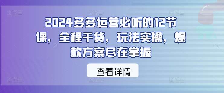2024多多运营必听的12节课，全程干货，玩法实操，爆款方案尽在掌握网创吧-网创项目资源站-副业项目-创业项目-搞钱项目网创吧