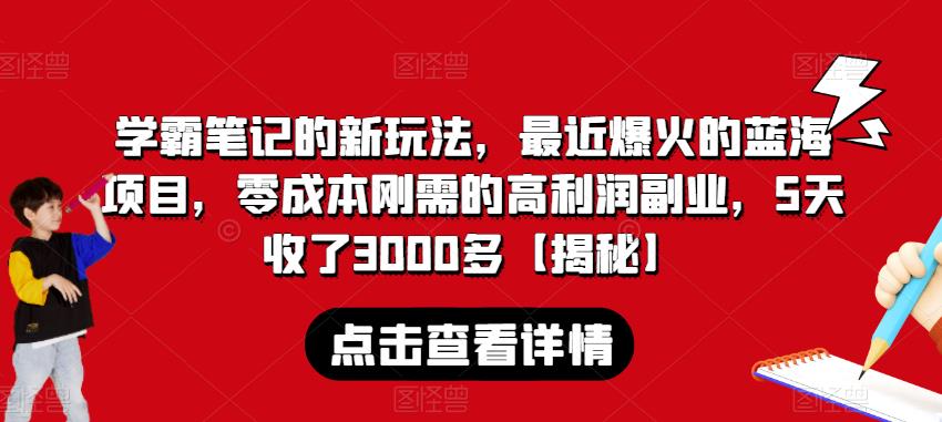 学霸笔记的新玩法，最近爆火的蓝海项目，零成本刚需的高利润副业，5天收了3000多【揭秘】网创吧-网创项目资源站-副业项目-创业项目-搞钱项目网创吧