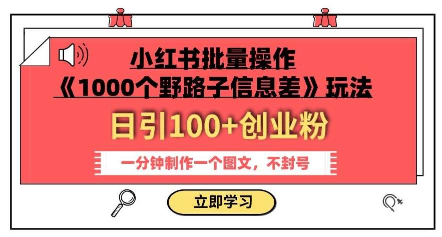 小红书批量操作《1000个野路子信息差》玩法，一分钟制作一个图文，不封号，日引100+创业粉网创吧-网创项目资源站-副业项目-创业项目-搞钱项目网创吧