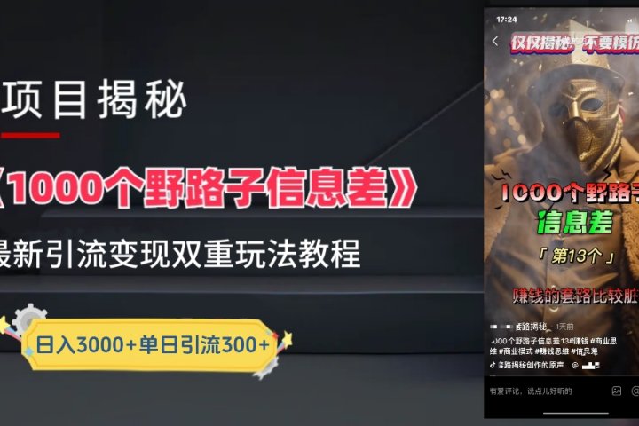 【独家】抖音一千个野路子信息差最新玩法教程–引流+变现网创吧-网创项目资源站-副业项目-创业项目-搞钱项目网创吧