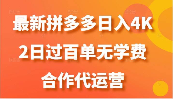 最新拼多多，日入4K+，2日过百单无学费，合作代运营网创吧-网创项目资源站-副业项目-创业项目-搞钱项目网创吧
