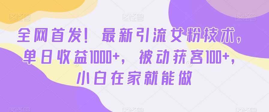 全网首发！最新引流女粉技术，单日收益1000+，被动获客100+，小白在家就能做【揭秘】网创吧-网创项目资源站-副业项目-创业项目-搞钱项目网创吧