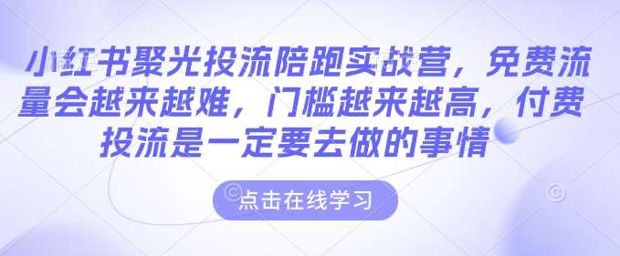 小红书聚光投流陪跑实战营，免费流量会越来越难，门槛越来越高，付费投流是一定要去做的事情网创吧-网创项目资源站-副业项目-创业项目-搞钱项目网创吧