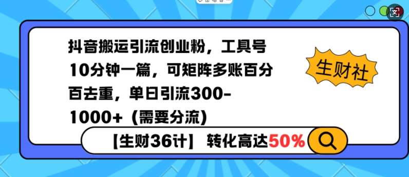 抖音搬运引流创业粉，工具号10分钟一篇，可矩阵多账百分百去重，单日引流300+（需要分流）网创吧-网创项目资源站-副业项目-创业项目-搞钱项目网创吧
