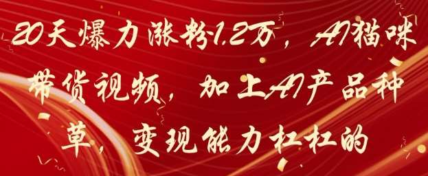 20天爆力涨粉1.2W，AI猫咪带货视频，加上AI产品种草，变现能力杠杠的网创吧-网创项目资源站-副业项目-创业项目-搞钱项目网创吧