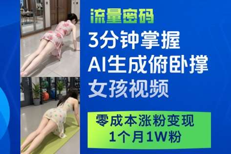 3分钟掌握AI生成俯卧撑女孩视频，零成本涨粉变现，1个月1W粉网创吧-网创项目资源站-副业项目-创业项目-搞钱项目网创吧