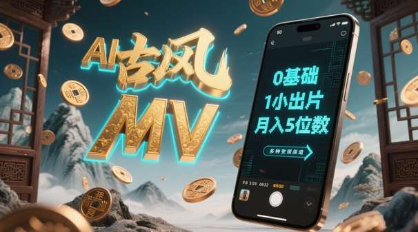 AI一键生成古风音乐MV，0剪辑基础1小时出片，多种变现渠道，一部手机月入5位数网创吧-网创项目资源站-副业项目-创业项目-搞钱项目网创吧