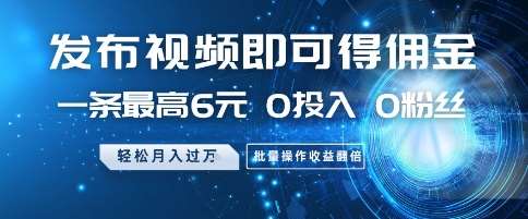 发布视频即可得佣金，一条最高6元，0投入 0粉丝  会发视频就行，月入过W，批量操作收益翻倍【揭秘】网创吧-网创项目资源站-副业项目-创业项目-搞钱项目网创吧