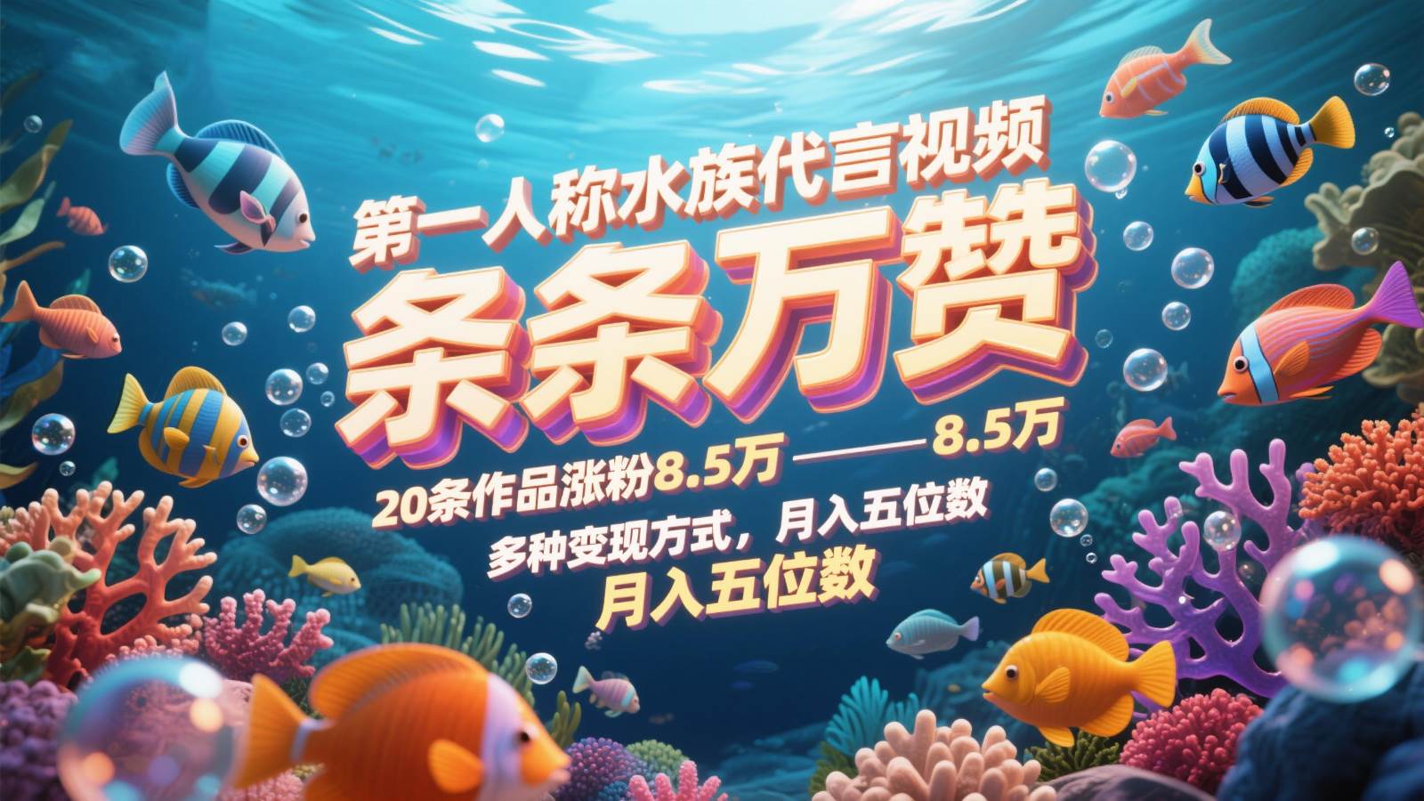 第一人称水族代言视频，条条万赞，20条作品涨粉8.5万，多种变现方式月，入五位数网创吧-网创项目资源站-副业项目-创业项目-搞钱项目网创吧