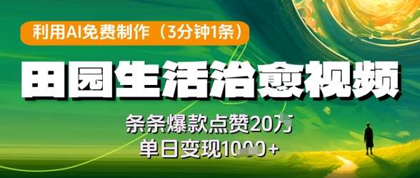 利用AI免费制作田园生活治愈视频，条条爆款点赞20W，单日变现几张网创吧-网创项目资源站-副业项目-创业项目-搞钱项目网创吧