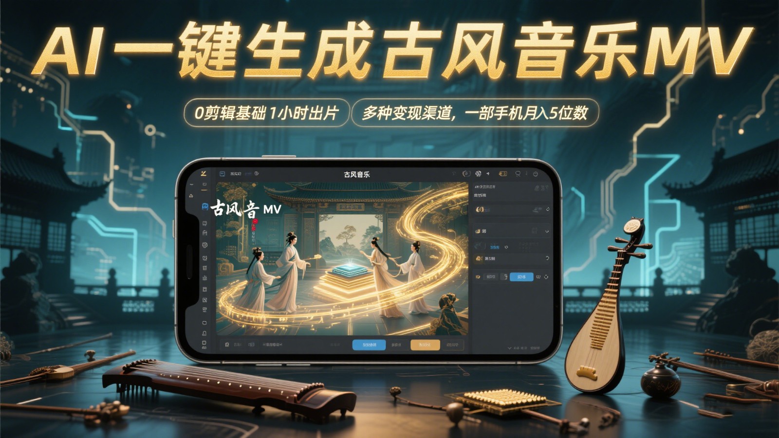AI一键生成古风音乐MV，0剪辑基础1小时出片，多种变现渠道，一部手机月入5位数网创吧-网创项目资源站-副业项目-创业项目-搞钱项目网创吧