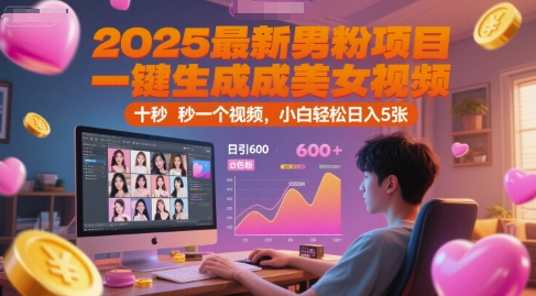 2025最新男粉项目,一键生成美女视频,日引600+色粉 十秒一个视频,小白轻松日入5张【揭秘】网创吧-网创项目资源站-副业项目-创业项目-搞钱项目网创吧