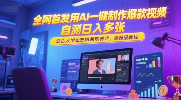 全网首发用AI一键制作爆款视频，自测日入多张，适合大学生宝妈兼职创业，保姆级教程网创吧-网创项目资源站-副业项目-创业项目-搞钱项目网创吧