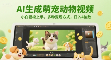 AI生成萌宠动物视频，小白轻松上手，多种变现方式，日入4位数网创吧-网创项目资源站-副业项目-创业项目-搞钱项目网创吧