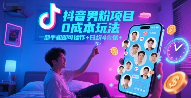 抖音男粉项目0成本玩法，一部手机即可操作，日均4张+，时间自由网创吧-网创项目资源站-副业项目-创业项目-搞钱项目网创吧