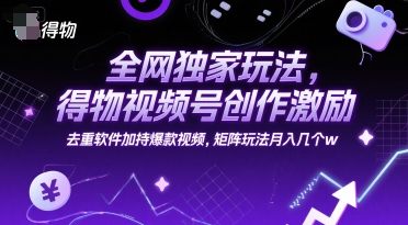 全网独家玩法，得物视频号创作激励 去重软件加持爆款视频，矩阵玩法月入几个w【揭秘】网创吧-网创项目资源站-副业项目-创业项目-搞钱项目网创吧
