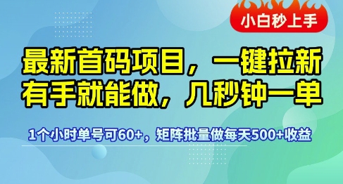 最新首码项目，一键拉新有手就能做，几秒钟一单，1个小时单号可60+，矩阵批量做每天5张【揭秘】网创吧-网创项目资源站-副业项目-创业项目-搞钱项目网创吧