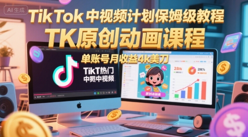 TikTok中视频计划保姆级教程，TK原创动画课程，单账号月收益4k美刀网创吧-网创项目资源站-副业项目-创业项目-搞钱项目网创吧
