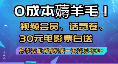 0成本薅羊毛!视频会员、话费卷、30元电影票白送，分享我如何靠转卖一天变现5张+【揭秘】网创吧-网创项目资源站-副业项目-创业项目-搞钱项目网创吧