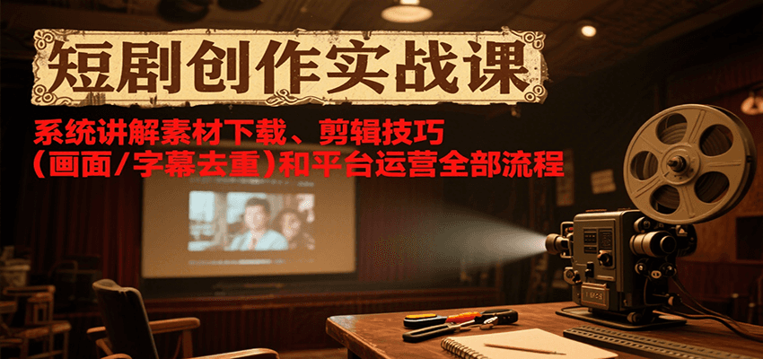 短剧创作实战课，系统讲解素材下载、剪辑技巧（画面/字幕去重）和平台运营全部流程网创吧-网创项目资源站-副业项目-创业项目-搞钱项目网创吧