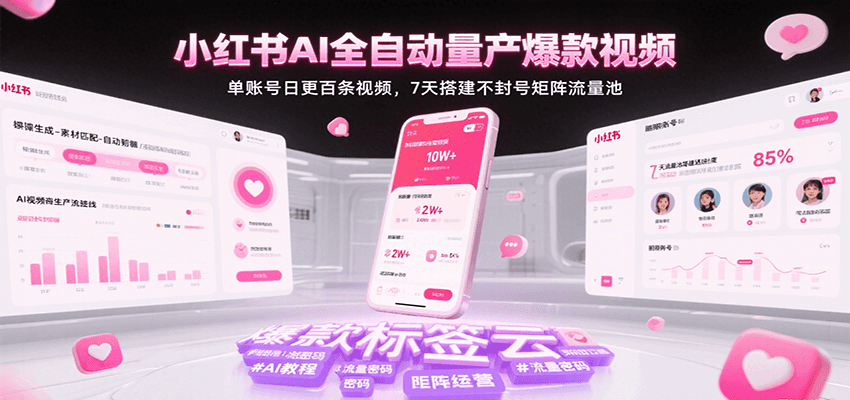 小红书AI全自动量产爆款视频,单账号日更百条视频,7天搭建不封号矩阵流量池网创吧-网创项目资源站-副业项目-创业项目-搞钱项目网创吧