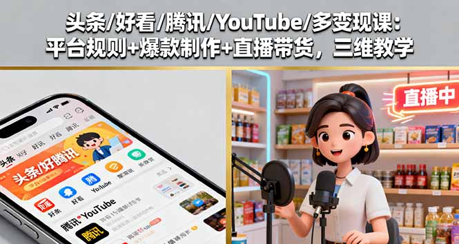 （16147期）头条/好看/腾讯/YouTube/多变现课：平台规则+爆款制作+直播带货，三维教学网创吧-网创项目资源站-副业项目-创业项目-搞钱项目网创吧