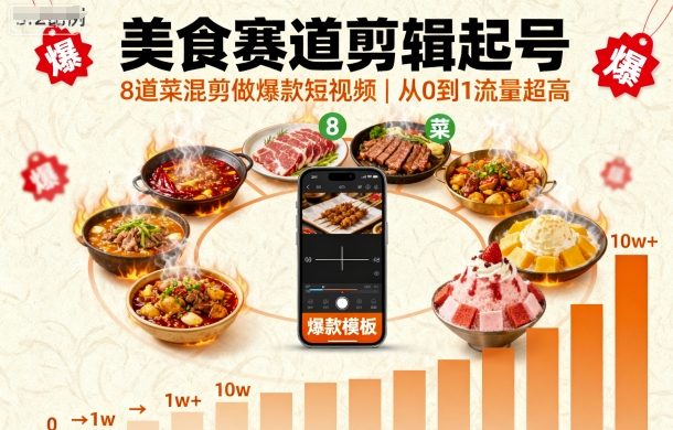 美食赛道剪辑起号，8道菜混剪做爆款短视频，从0到1，流量超高网创吧-网创项目资源站-副业项目-创业项目-搞钱项目网创吧
