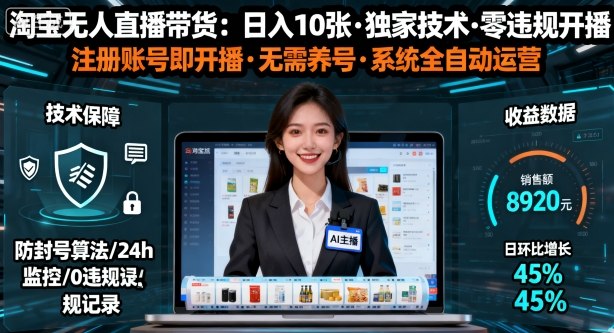 【最新】淘宝无人直播带货,日入10张,独家技术,无违规无封号,注册账号直接开播,不用养号【揭秘】网创吧-网创项目资源站-副业项目-创业项目-搞钱项目网创吧