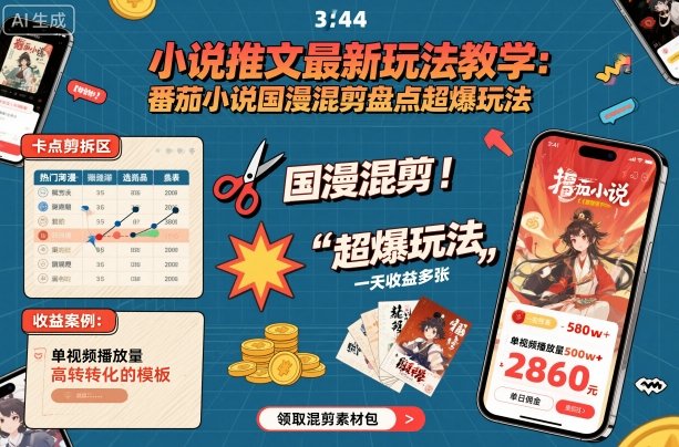 小说推文最新玩法教学，番茄小说国漫混剪盘点超爆玩法，全程干货，一天收益多张网创吧-网创项目资源站-副业项目-创业项目-搞钱项目网创吧