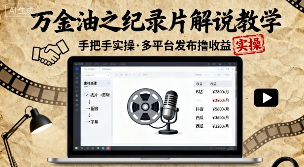 万金油之纪录片解说教学,手把手教你,完全实操,多平台发布撸收益网创吧-网创项目资源站-副业项目-创业项目-搞钱项目网创吧
