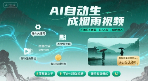 不用拍不用剪!AI自动生成烟雨视频,日入5张+,睡后收入网创吧-网创项目资源站-副业项目-创业项目-搞钱项目网创吧