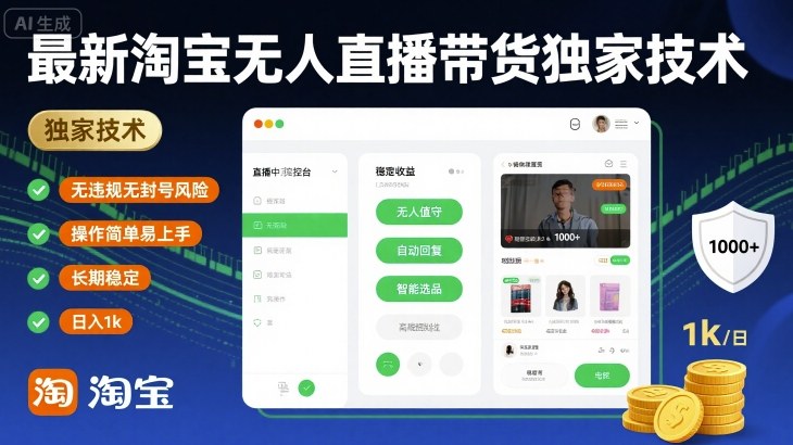 最新淘宝无人直播带货独家技术，无违规无封号风险，操作简单易上手，长期稳定日入1k【揭秘】网创吧-网创项目资源站-副业项目-创业项目-搞钱项目网创吧
