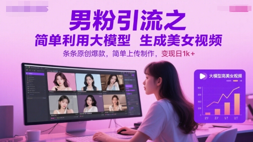 男粉引流之简单利用大模型生成美女视频，条条原创爆款，简单上传制作，变现日1k+网创吧-网创项目资源站-副业项目-创业项目-搞钱项目网创吧