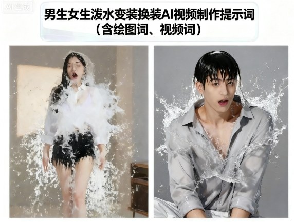 男生女生泼水变装换装AI视频制作提示词(含绘图词、视频词)网创吧-网创项目资源站-副业项目-创业项目-搞钱项目网创吧