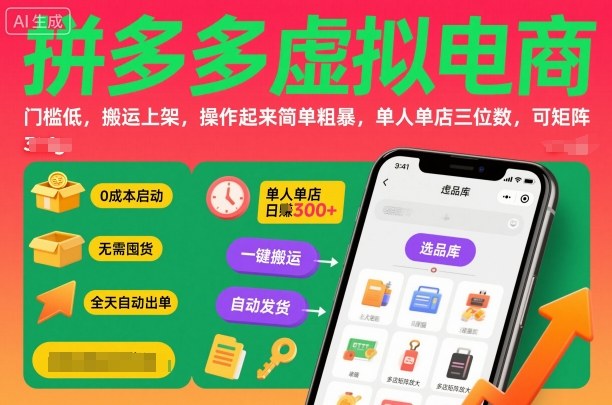 拼多多虚拟电商,门槛低,搬运上架,操作起来简单粗暴,单人单店三位数,可矩阵网创吧-网创项目资源站-副业项目-创业项目-搞钱项目网创吧