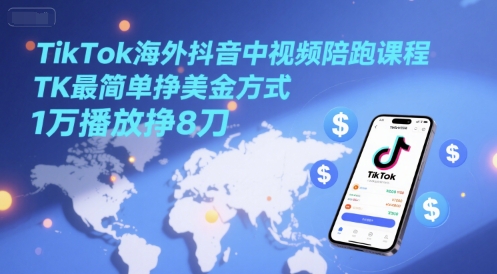 TikTok海外抖音中视频陪跑课程,TK最简单挣美金方式,1万播放挣8刀网创吧-网创项目资源站-副业项目-创业项目-搞钱项目网创吧
