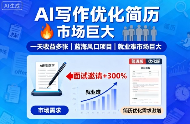 AI写作优化简历，一天收益多张，蓝海风口项目，就业难市场巨大网创吧-网创项目资源站-副业项目-创业项目-搞钱项目网创吧