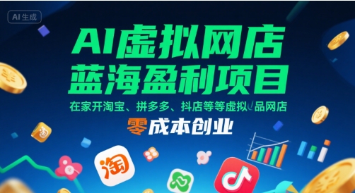 AI虚拟网店蓝海盈利项目，在家开淘宝、拼多多、抖店等虚拟品网店，零成本创业网创吧-网创项目资源站-副业项目-创业项目-搞钱项目网创吧