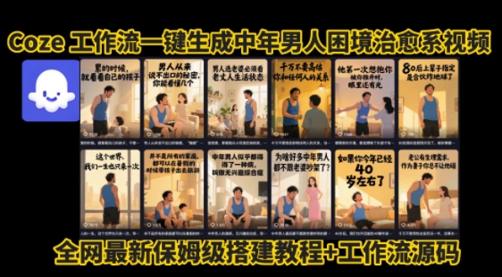 coze工作流一键生成”中年男人困境扎心高涨粉高播放量图文视频”保姆级拆解教程，无需剪辑，无需拍摄写文案网创吧-网创项目资源站-副业项目-创业项目-搞钱项目网创吧
