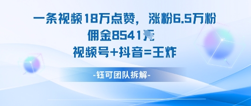 一条视频18W点赞,涨粉6.5W粉佣金8541米,视频号+抖音=王炸网创吧-网创项目资源站-副业项目-创业项目-搞钱项目网创吧