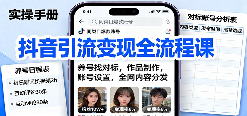 抖音引流变现全流程课：养号找对标，作品制作，账号设置，全网内容分发网创吧-网创项目资源站-副业项目-创业项目-搞钱项目网创吧