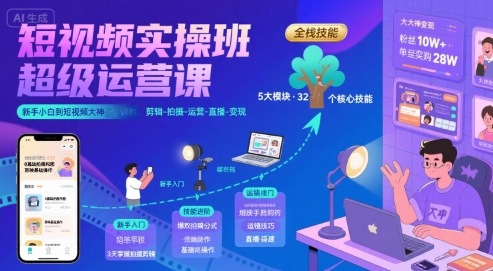 短视频实操班超级运营课，新手小白到短视频大神必修课程，剪辑-拍摄-运营-直播-变现网创吧-网创项目资源站-副业项目-创业项目-搞钱项目网创吧