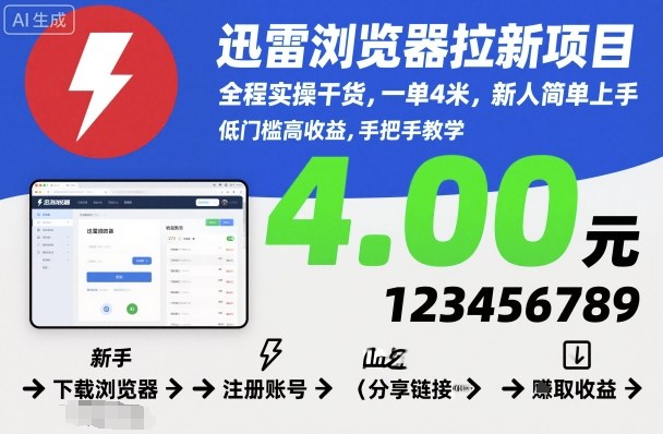 迅雷浏览器拉新项目，全程实操干货，一单4米，新人简单上手网创吧-网创项目资源站-副业项目-创业项目-搞钱项目网创吧