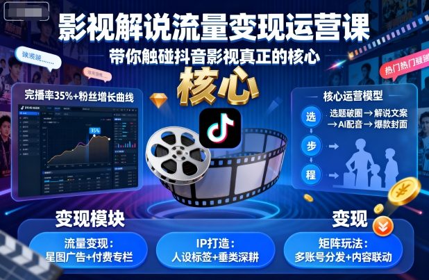 影视解说流量变现运营课，带你触碰抖音影视真正的核心网创吧-网创项目资源站-副业项目-创业项目-搞钱项目网创吧