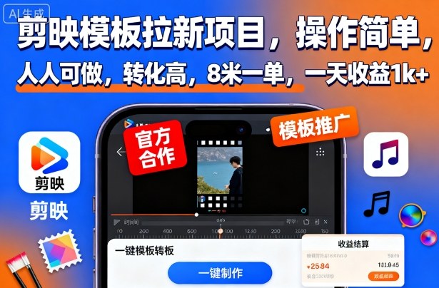 剪映模板拉新项目,操作简单,人人可做,转化高,8米一单,一天收益1k+网创吧-网创项目资源站-副业项目-创业项目-搞钱项目网创吧