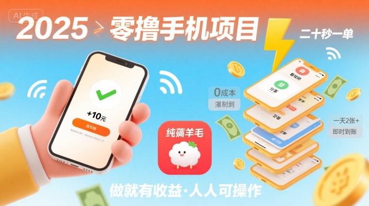 2025年零撸手机项目，二十秒一单，纯薅羊毛 一天2张+做就有网创吧-网创项目资源站-副业项目-创业项目-搞钱项目网创吧