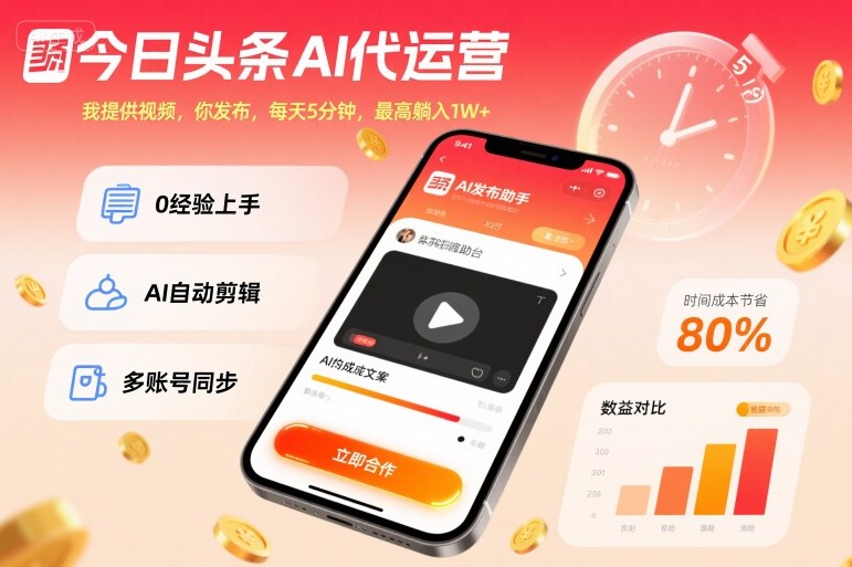 今日头条AI代运营,我提供视频,你发布,每天5分钟,最高躺入1W+【揭秘】网创吧-网创项目资源站-副业项目-创业项目-搞钱项目网创吧