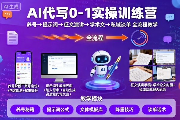 AI代写0-1实操训练营，从养号、提示词、征文演讲、学术文，到私域谈单的全流程教学网创吧-网创项目资源站-副业项目-创业项目-搞钱项目网创吧