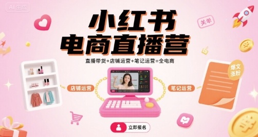 小红书电商直播营，直播带货+店铺运营+笔记运营=全电商网创吧-网创项目资源站-副业项目-创业项目-搞钱项目网创吧